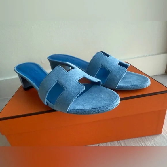 Hermes Bleu Cameo Oasis Sandals Velvet Goat size 37 - Picture 11 of 12